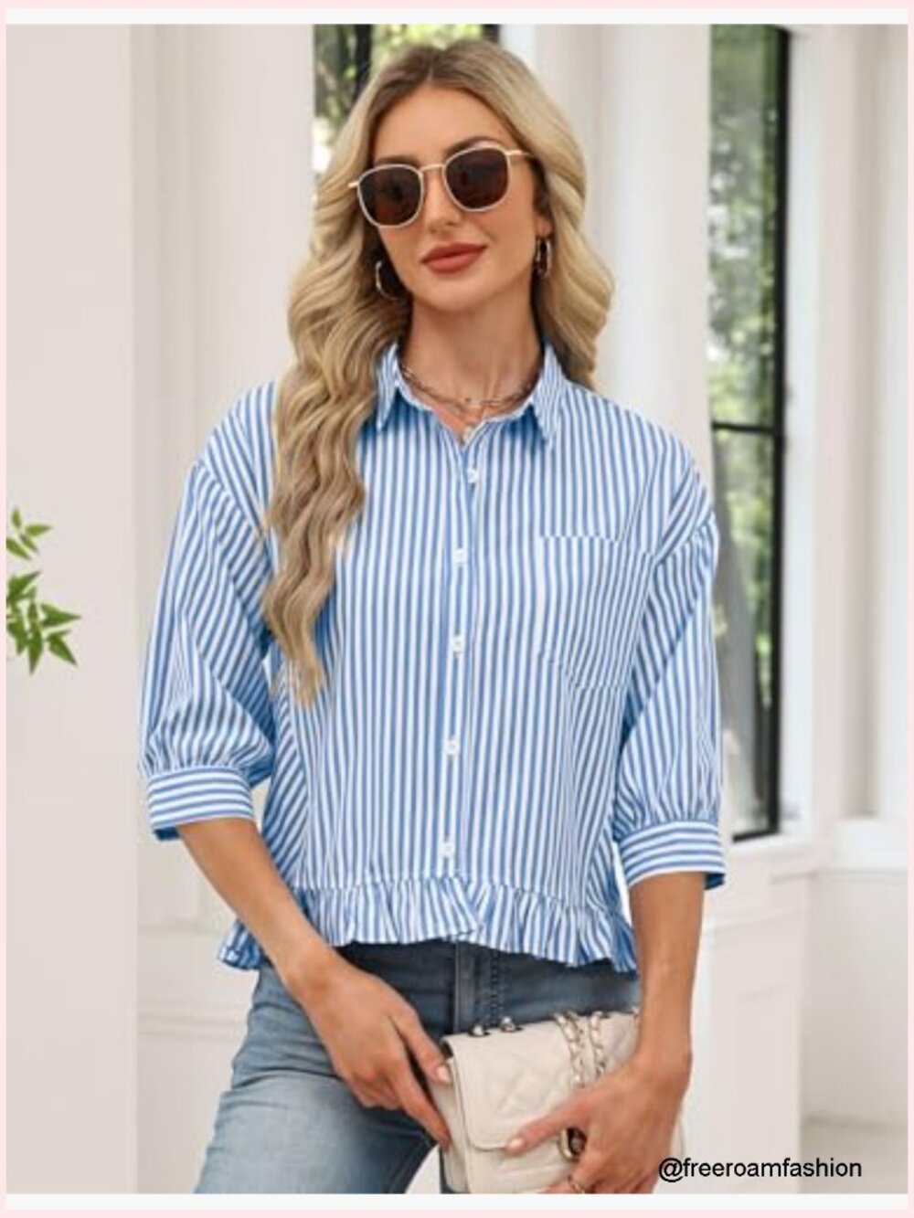 Womens 3/4 Sleeve Button Down Ruffle Babydoll Blouse Loose Fit Striped - Picture 5 of 7